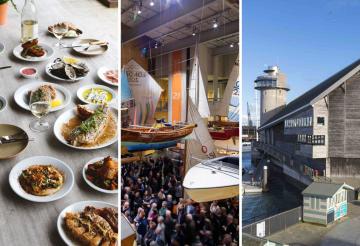 A three-part collage: plates of food with glasses of white wine. In the centre, regatta boats hang from a ceiling while people crowd underneath. On the right, a large wooden-clad building.
