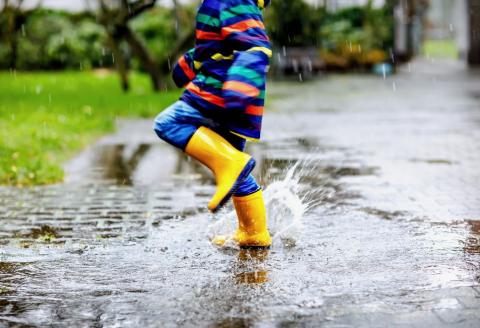 Child splashing in puddles.