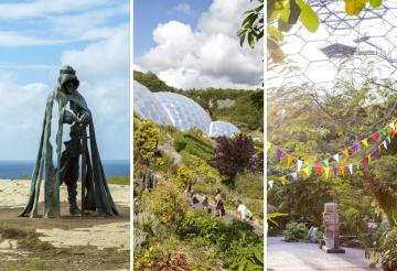 A three-part collage: On the left, a bronze statue of King Arthur standing on a cliff, with the ocean and blue sky in the background. In the center, a view of the Eden Project's iconic geodesic biomes