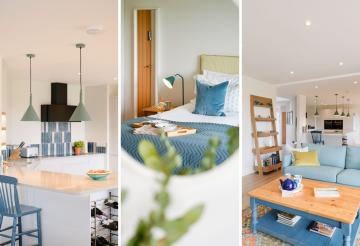 A three-part collage: On the left, a modern kitchen with blue and white tile backsplash. In the centre, a cosy bedroom with a neatly made bed.