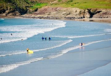 Surfers in the shallow waves at Polzeath.