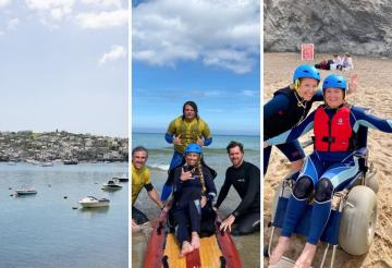 A three-part collage: one image is of moored boats in a harbour, another is surf instructors with a young woman using an adapted surfboard and the other is two woman in wetsuits on a sandy beach.
