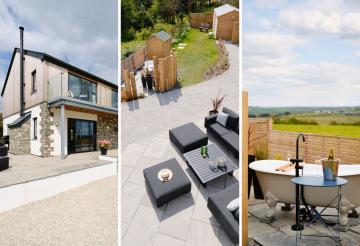 A three-part collage: On the left, a timber-clad house with a glass balcony. In the centre, a black outdoor sofa set. On the right, a ceramic freestanding outdoor bath and rolling green countryside.